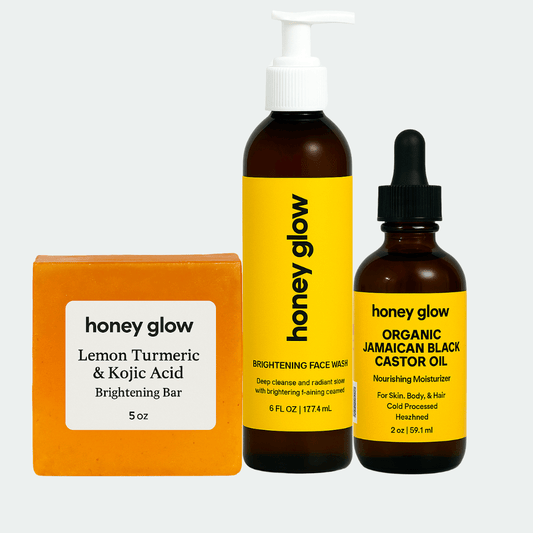 Brightening Essentials Bundle – Kojic Acid Glow Bar, Foaming Cleanser & Organic Castor Oil | Full Skin Brightening Routine - Honey Glow