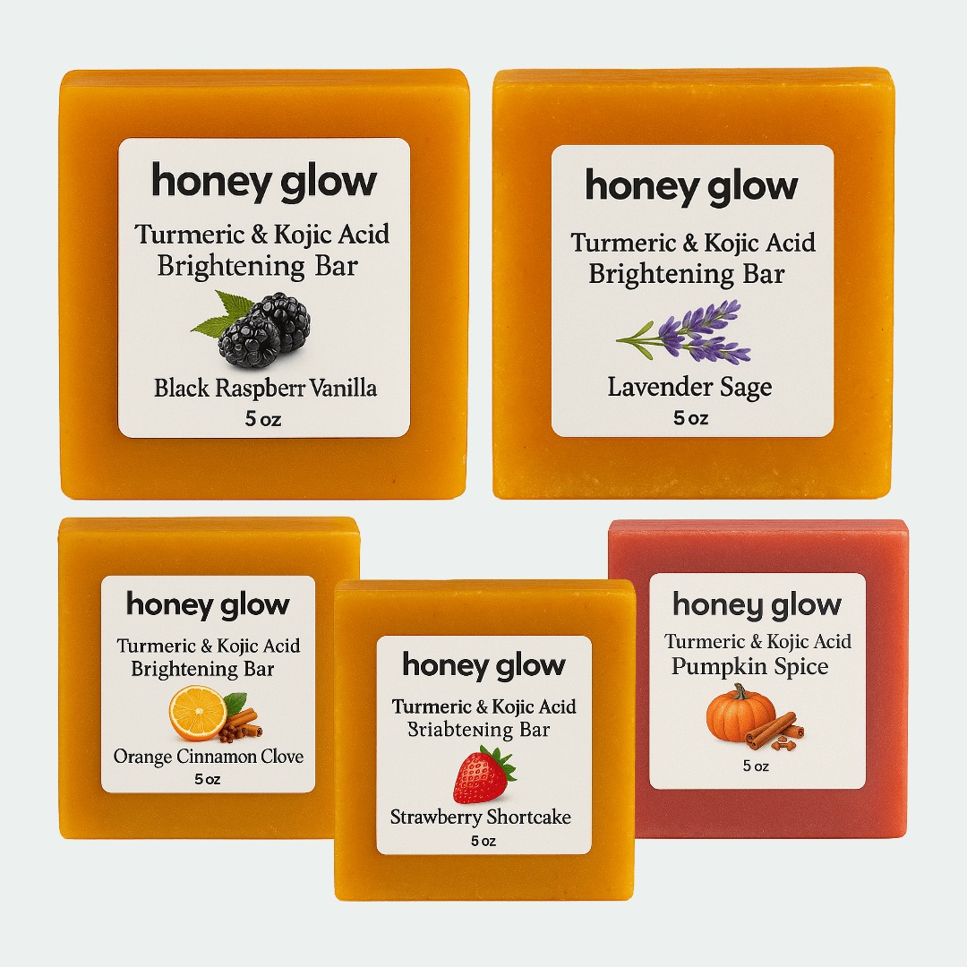 Glow Bar Scented Bundle – 5 Kojic Acid Brightening Soaps with Turmeric & Lemon | Face & Body | Radiant Skin Care Set - Honey Glow