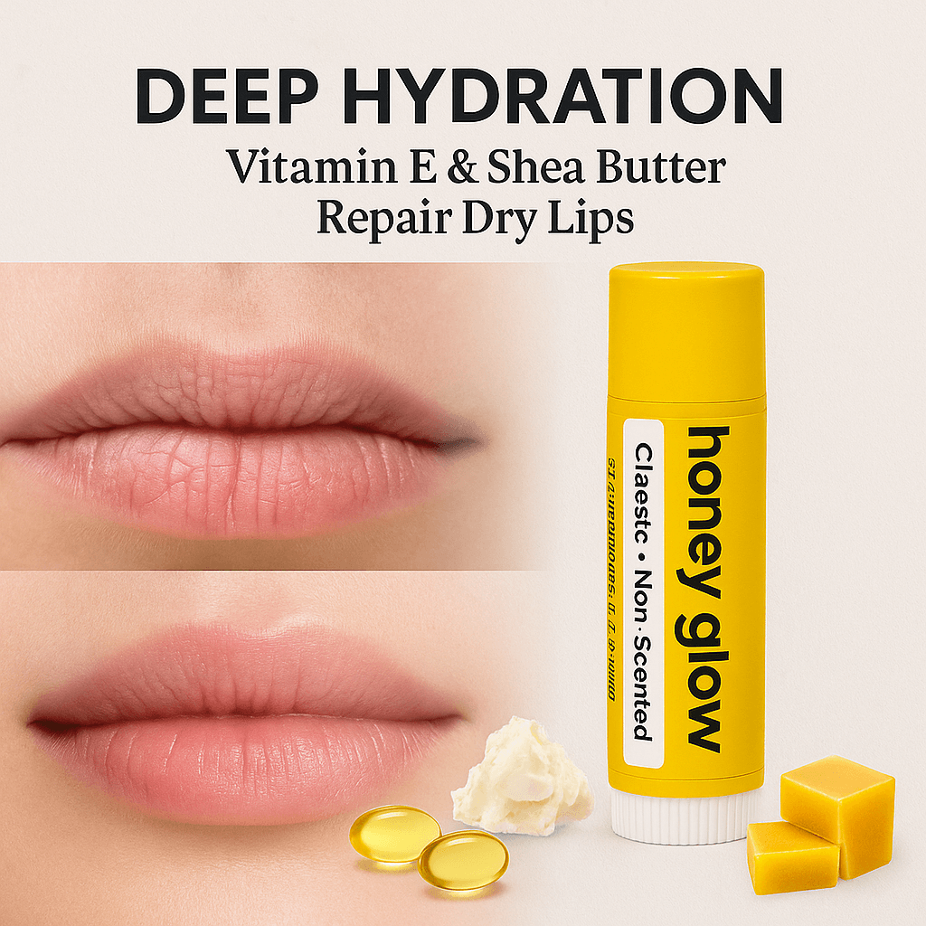 Organic Beeswax Lip Balm – Moisturizing Lip Care with Vitamin E & Peppermint Oil for Dry, Chapped Lips - Honey Glow